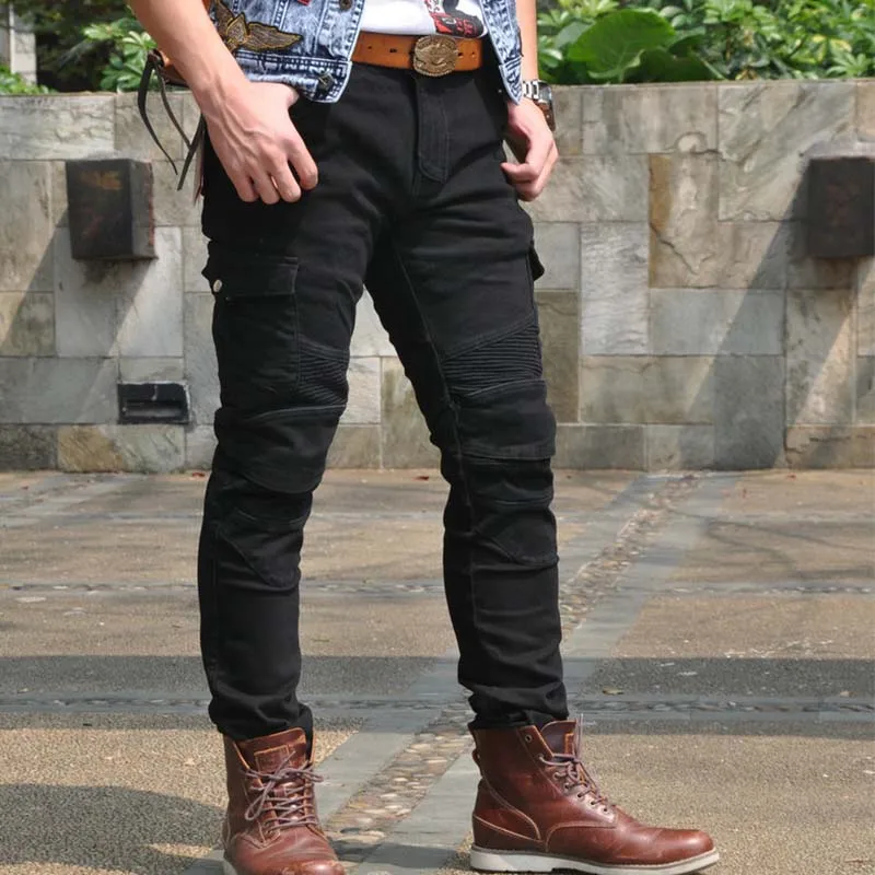 

Mcikkny Men Biker Straight Jeans Trousers Motorcycle Slim Denim Pants For Male Stretch Patchwork