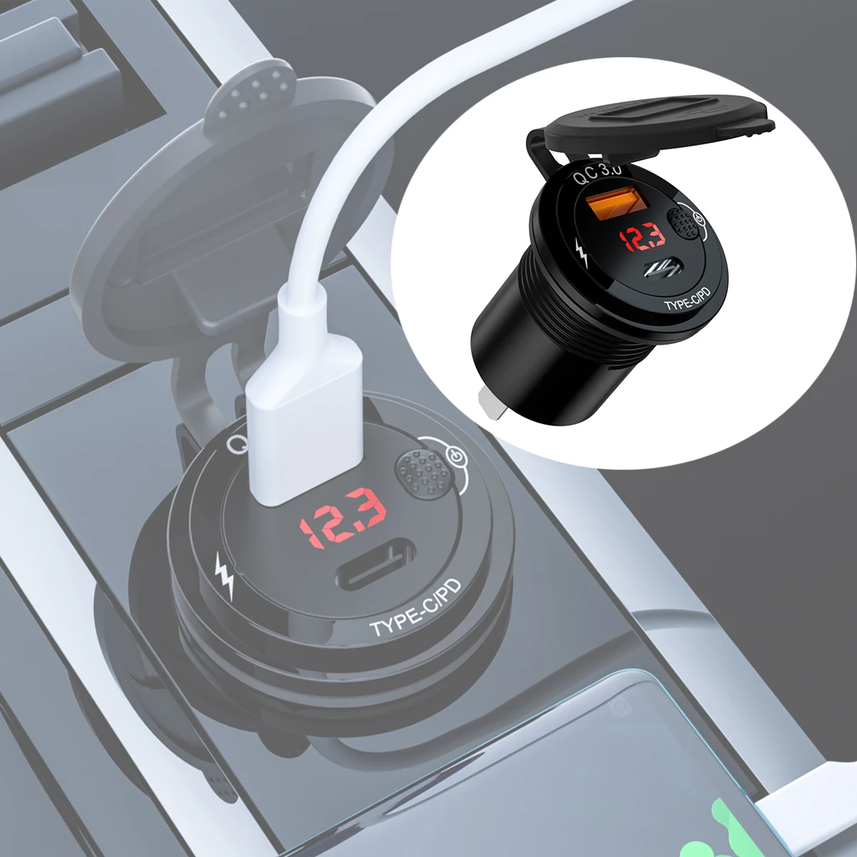 

3.4A Car Quick Charger USB Type C Socket LED Digital Display Voltage Monitor With ON/OFF Switch Motocycle SUV Phone Charging