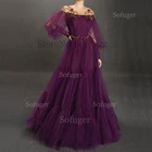 Женское вечернее платье с бусинами, фиолетовое Тюлевое платье с длинным рукавом, для особых случаев, для выпускного вечера, для Саудовской Аравии