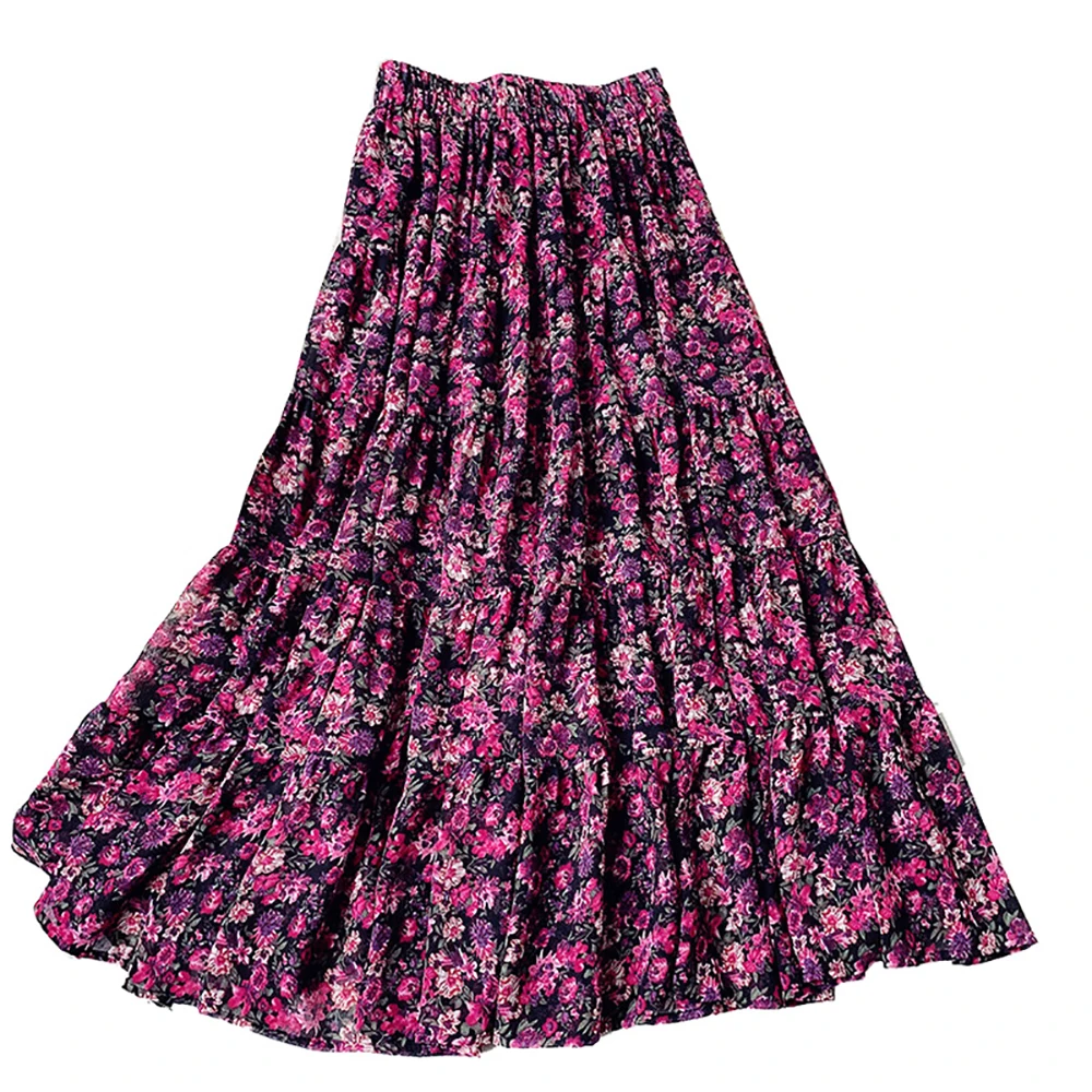 

Spring Summer Elegant Long Pleated Chiffon Skirt Women High Waist A-Line Oils Floral Print Flower Big Hem Maxi Woman Skirts