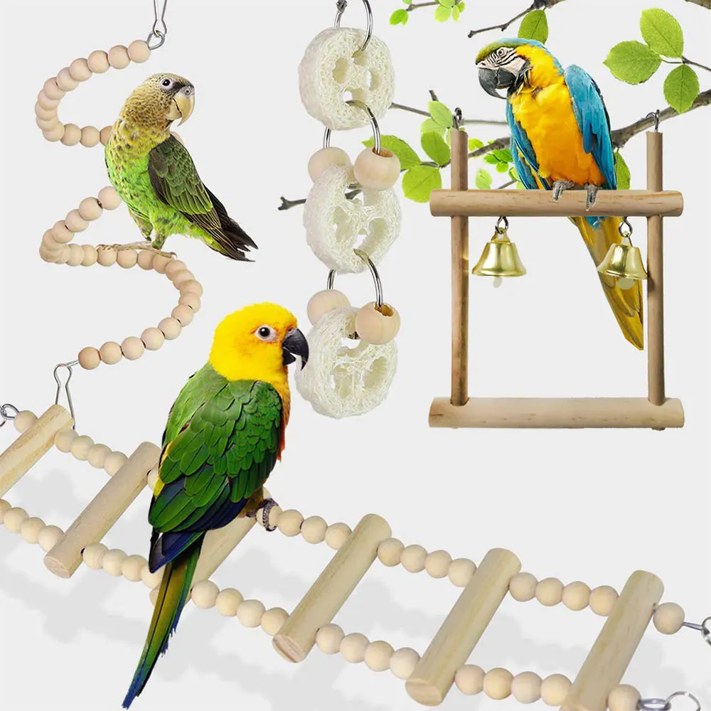 

8pcs Bird Parrot Swing Toy Wooden Bell Bird Cage Chew Toys Pet Bird Supplies for Parrots Parakeets Cockatiels Small Birds