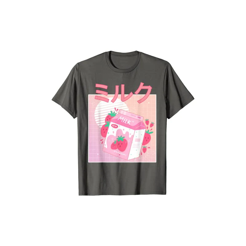 

Fun Retro 90s Japan Cute Strawberry Milk Shake Carton T-shirt Women's Short-Sleeved Cotton Tops Harajuku Graphic Oversized Tee