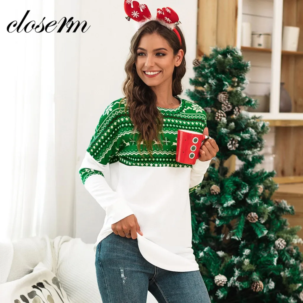 Свитер 2019Top Женская рождественская блуза с длинным рукавом и заплатками