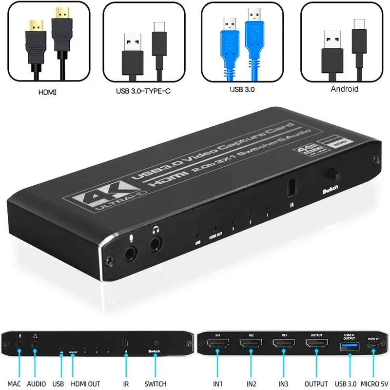 

HD-MI 2.0 switcher acquisition card USB video acquisition card HDMI-compatible switcher 3 in and 1 out with acquisition function