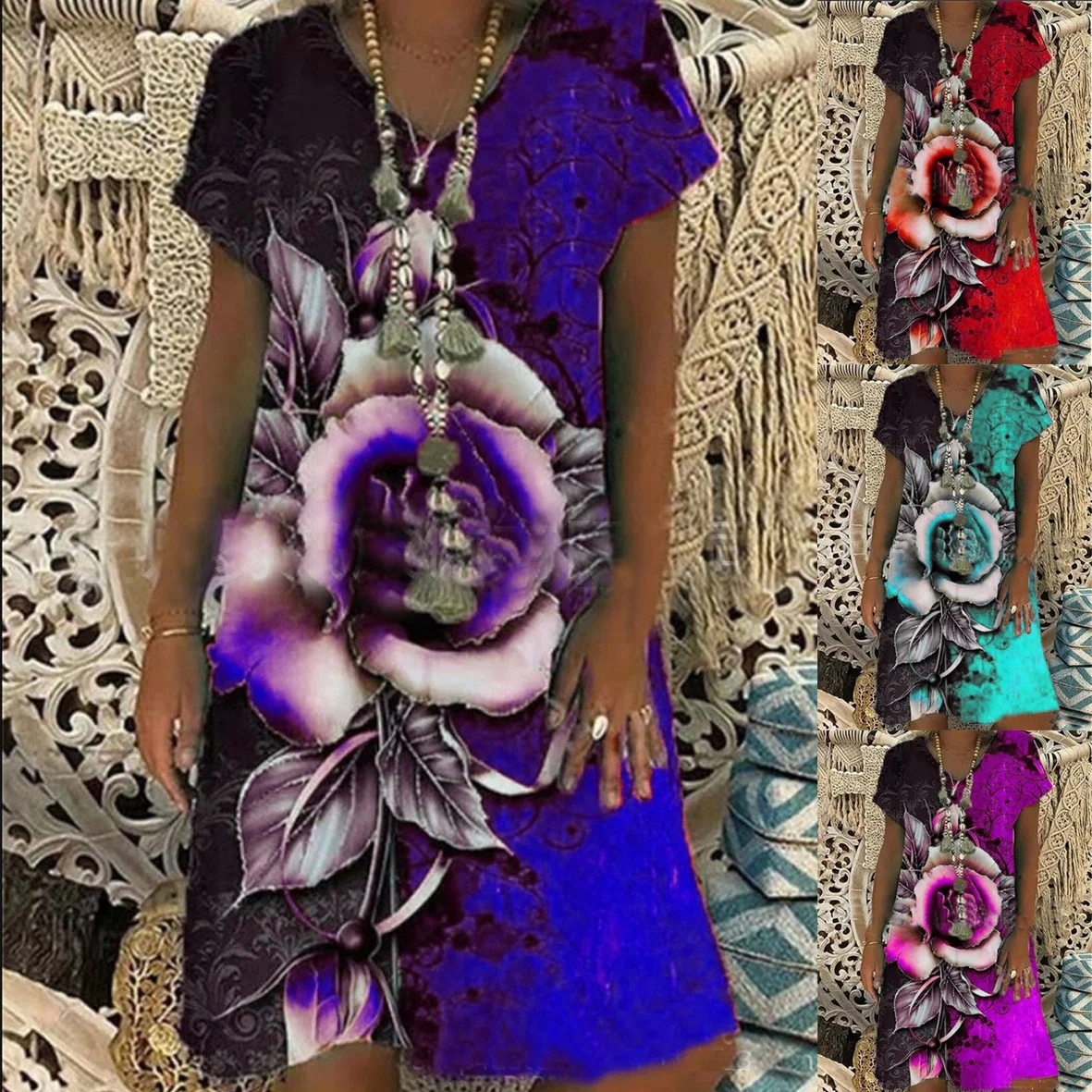 

Plus Size Women Fashion Loose Casual V neck Floral print short sleeves Rose print Summer dress