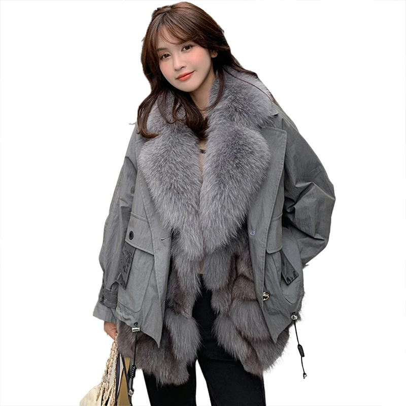 

2021 Winter Warm Fashion Turn Down Collar Fox Fur Women Parkas Coats Office Lady Short Detachable Real Fur Jackets ZSYF0013