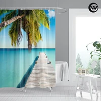 modern fabric decoration blue ocean coconut tree tropical shower curtain washable eco friendly fabric hotel bathroom curtain