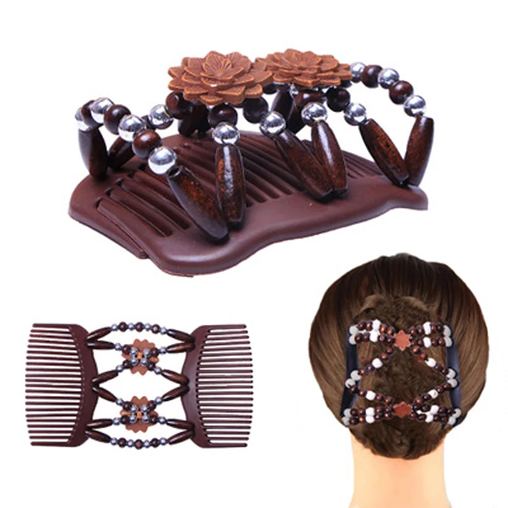 

Retro Double Beaded Hair Magic Comb Clip Beads Elasticity Hairpin Stretchy Hair Combs Pins for Women Hair Accessories
