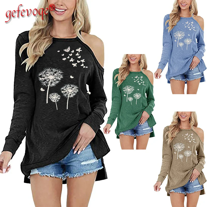 

Women Casual Sexy Off Shoulder Long Sleeve Tunic Tops Femme Harajuku Pullover Sweatshirts 2021 New Funny Dandelion Print T Shirt