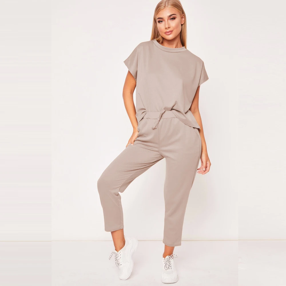 

Женский спортивный костюм, повседневный однотонный костюм из двух предметов, футболка и брюки, набор для бегунов, наряд из 2 предметов, лето ...