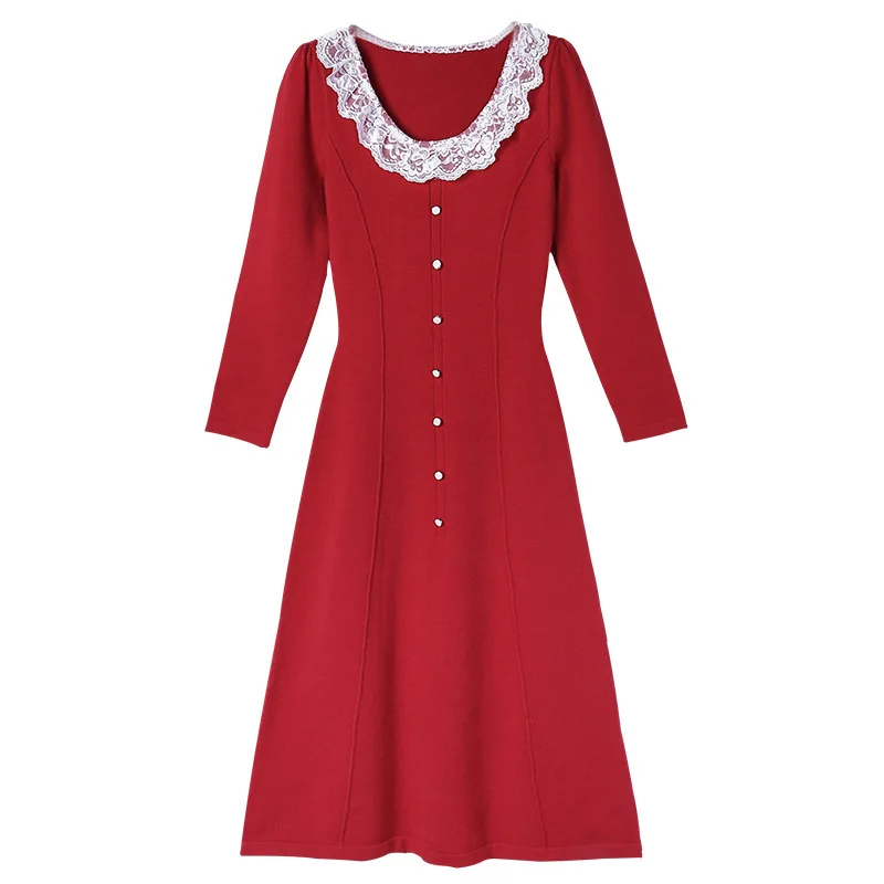 

BacklakeGirls Evening Dresses Elegant Button Party Dress Autumn Spring Women Sheath Midi Bodycon Lace Collar Dresses Robe Noir