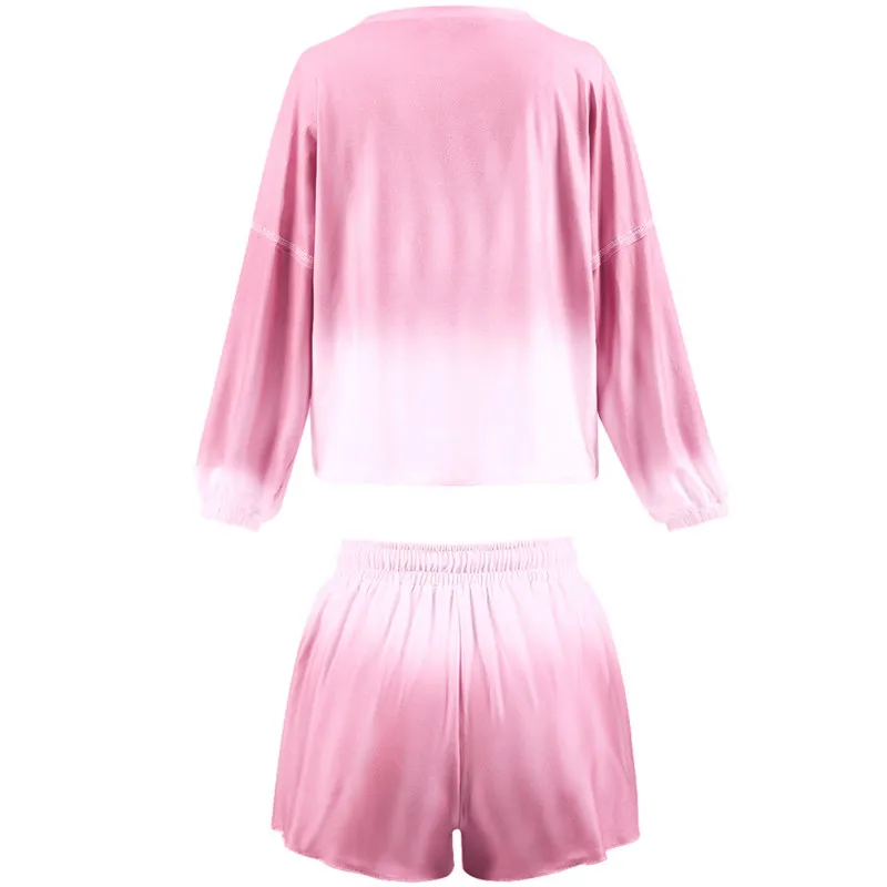 

Spring Summer 2Pcs Women Sets, Gradient Color Long Sleeves Pullover + Drawstring Elastic Waist Shorts Loungewear Set for Girls