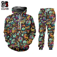 ogkb hot sale casual 2 piece sets monster graffiti 3d printing harajuku hoodies and jogging pants plus size tracksuit wholesale