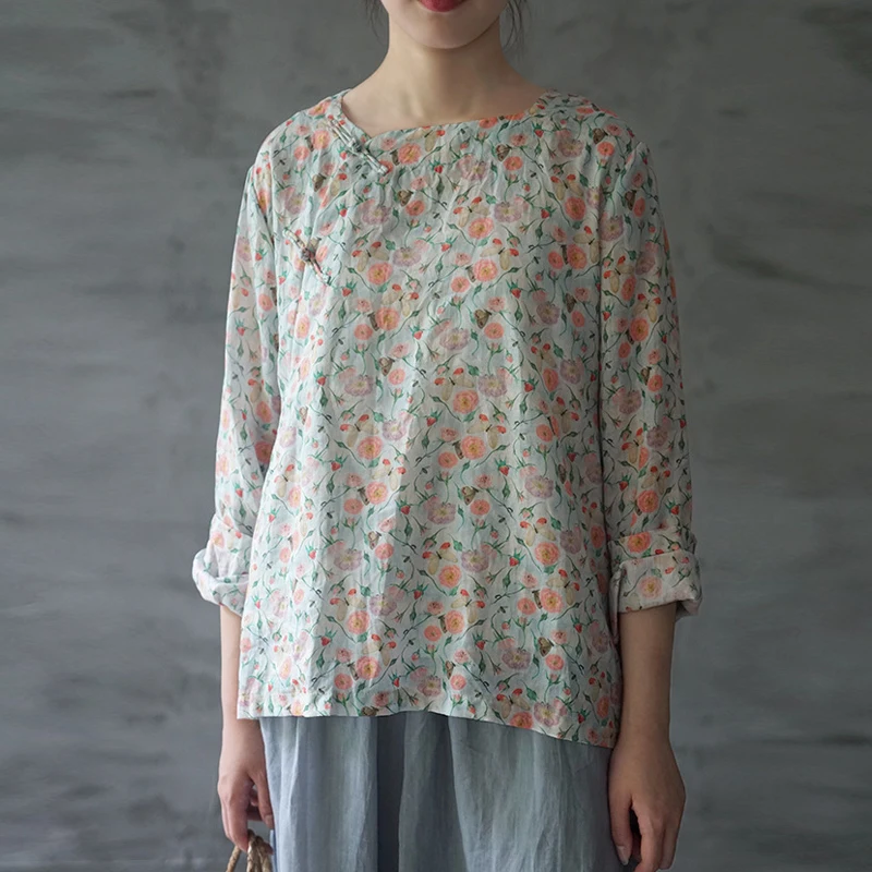 Винтажные Топы рукав девять-четвёртых с круглым вырезом и принтом на пуговицах