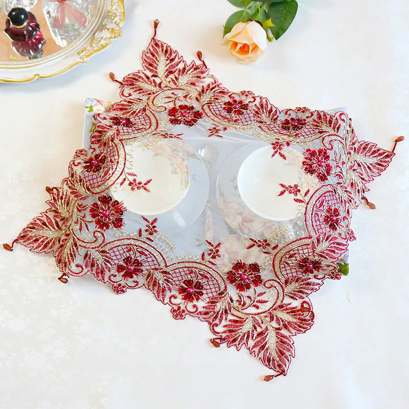 

European Lace Embroidery Beaded Wine Red Festive Table Mat Coaster Fruit Plate Dessert Cover Birthday Wedding Party Decoration