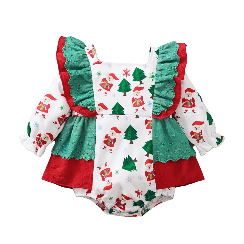 

Baby Christmas Rompers Overalls Christmas Tree Print Long-Sleeve Jumpsuit with Crotch Snaps for Toddlers Girls Boys 0-18 Months