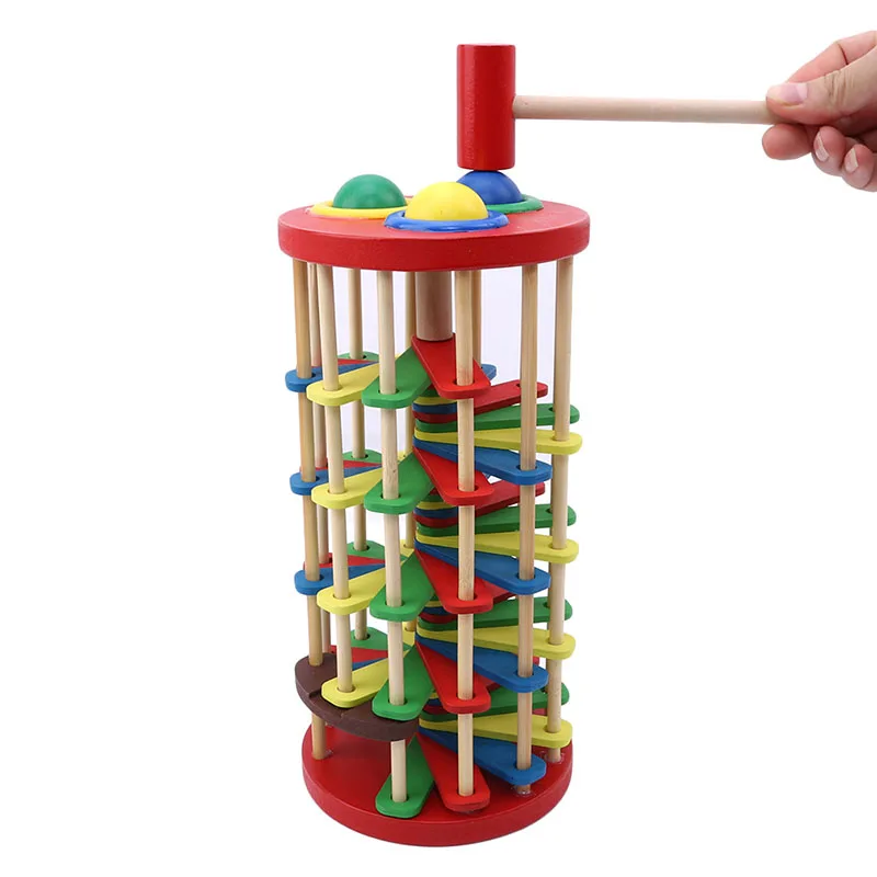 

New Children Building Block Knock the Ball Rolling Off Ladder Baby Early Educational Toy Pound and Roll Wooden Tower with Hammer