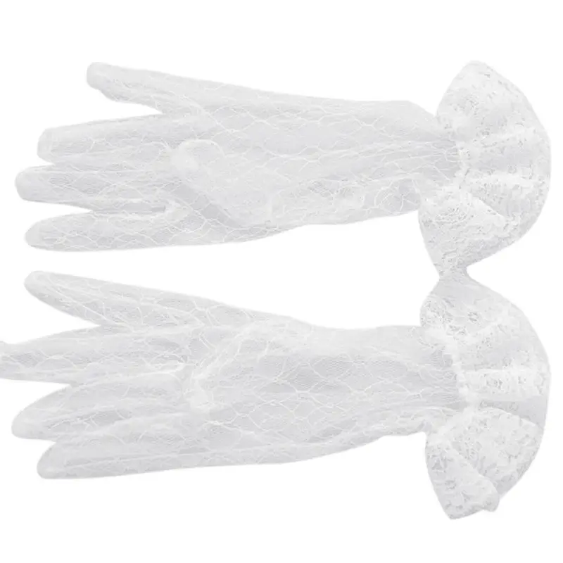 

1 Pair White Bridal Wedding Short Gloves Full Fingered Transparent Rhombic Gauze Ruffle Lace Trim Wrist Length Mittens