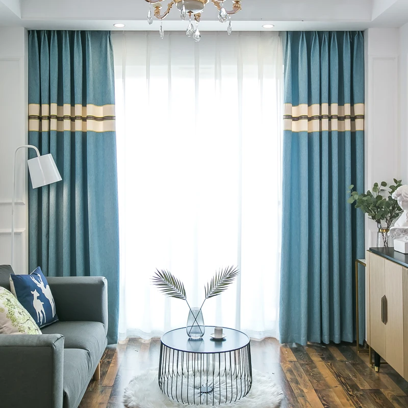 Льняные светонепроницаемые шторы в синюю полоску для гостиной современные