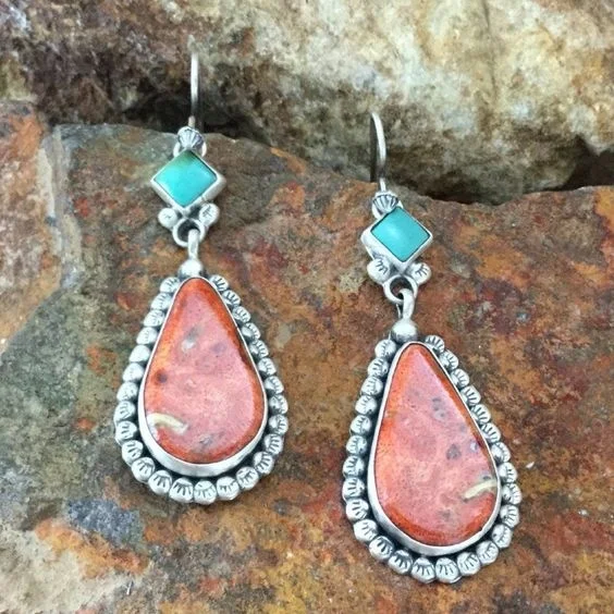 

Boho Vintage Statement Orange Stone Earrings Large Retro Bohemian Drop Hook Dangle Earrings
