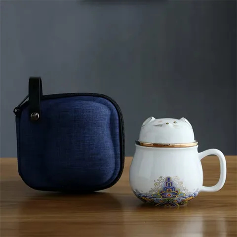 Керамическая разделительная чашка для чая для офиса с крышкой и фильтром, портативная кофейная чашка с милым котом и мышкой с сумкой для путешествий, подарок