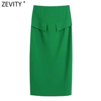zevity new women fashion flap decoration green color straight midi skirt faldas mujer lady chic back zipper split vestido qun903
