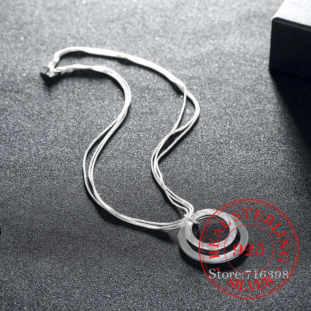 

925 Sterling Silver Casual Double Circle Necklace Pendant For Women Accessories Mujer Interlocking Collar for Ladies Friend Gift