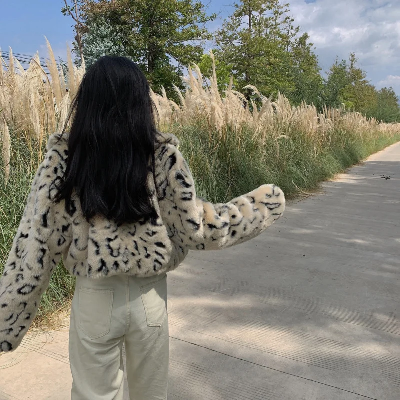 

Lucyever Faux Fur Leopard Coats and Jackets Women Winter Thick Warm Coat Woman POLO Collar Korean Style Long Sleeve Tops Femme