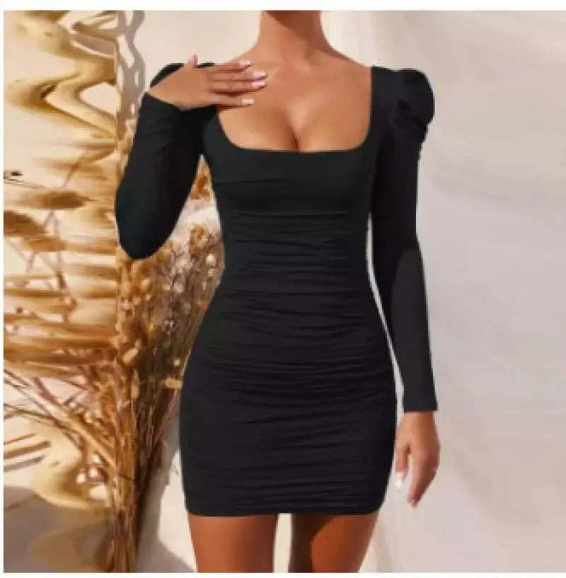 

Women's Dresses Long Sleeve Square Neck Black Wrapped Pleated Skinny Dress Sexy Open Back White Elegant Short Mini Party Dress