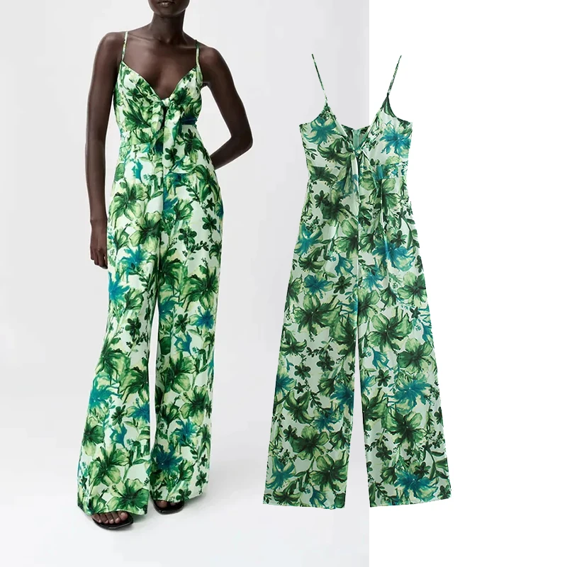 

Za Wide Leg Jumpsuit Women Print Long Jumpsuit Summer 2021 Sleeveless Backless Casual Knot Strap Beach Romper