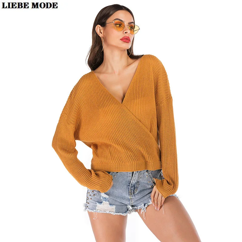 

Womens Sexy Deep V-neck Sweater Yellow Burgundy Loose Batwing Sleeve Jumper Pullovers Women Loose Backless Knitted Top Clothing