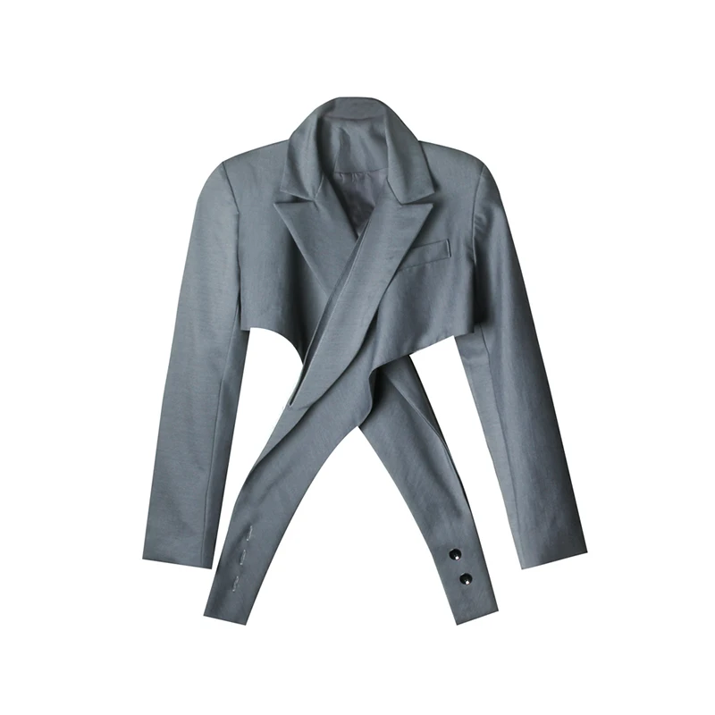 

[EAM] Women Gray Boutton Cross Split Short Blazer New Lapel Long Sleeve Loose Fit Jacket Fashion Tide Spring Autumn 2021 1Z743