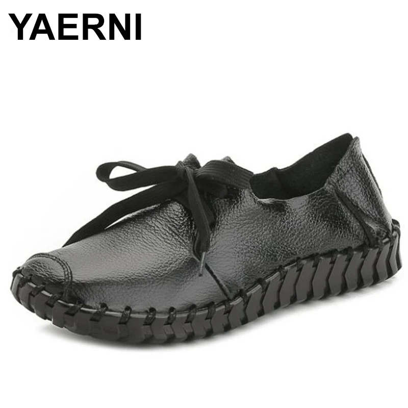 

YAERNI 2020 new spring and autumn summer handmade lace retro genuine leather shoes woman soft comfort flat casual shoes black