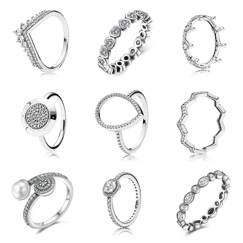 

Original 9 Style Silver Color Ring Pave Logo Signature With Crystal Pan Rings For Women Wedding Jewelry