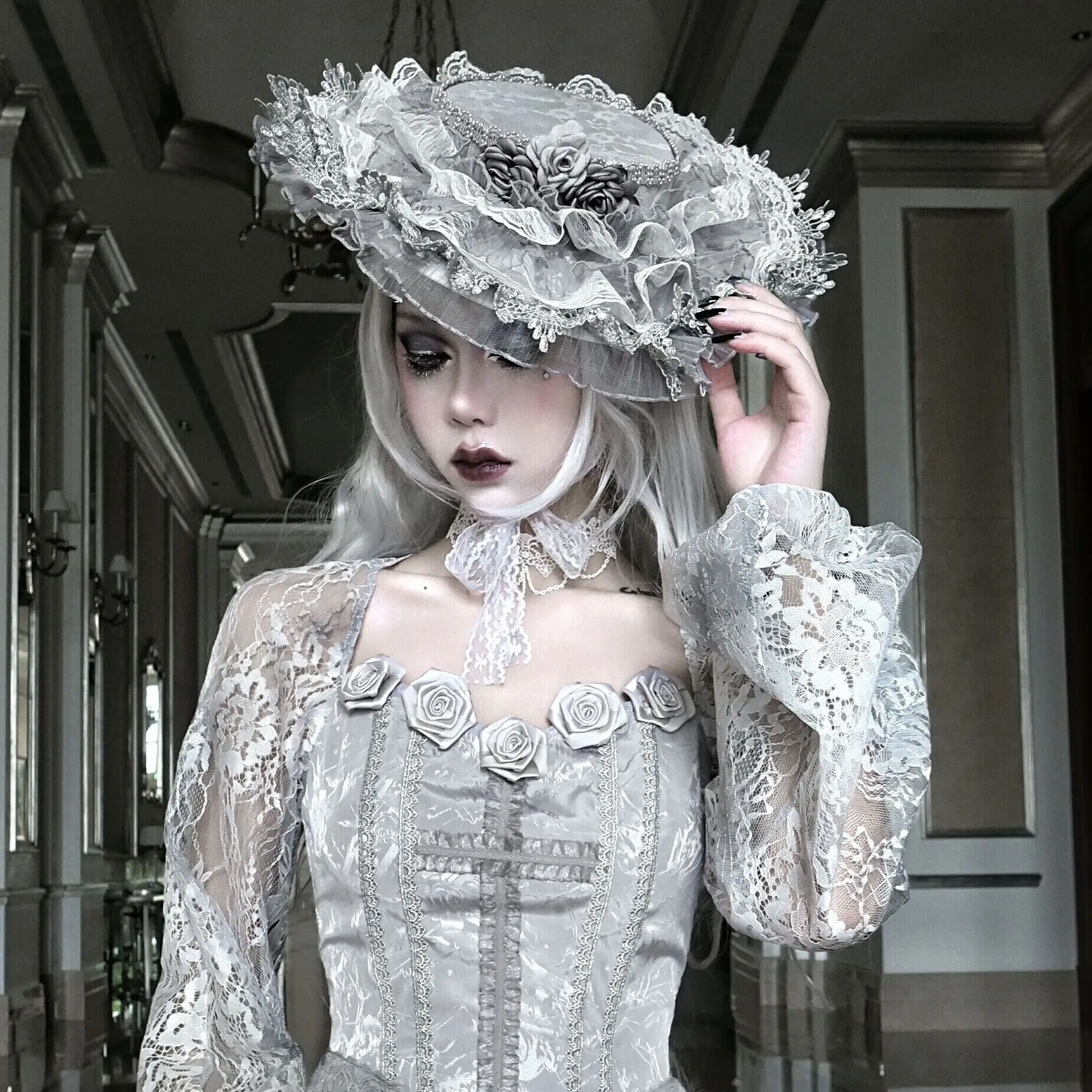 Original Rose Funeral White Gothic Dirty Lace Palace Lolita Rose Fedoras Noverty Lace Hat Women