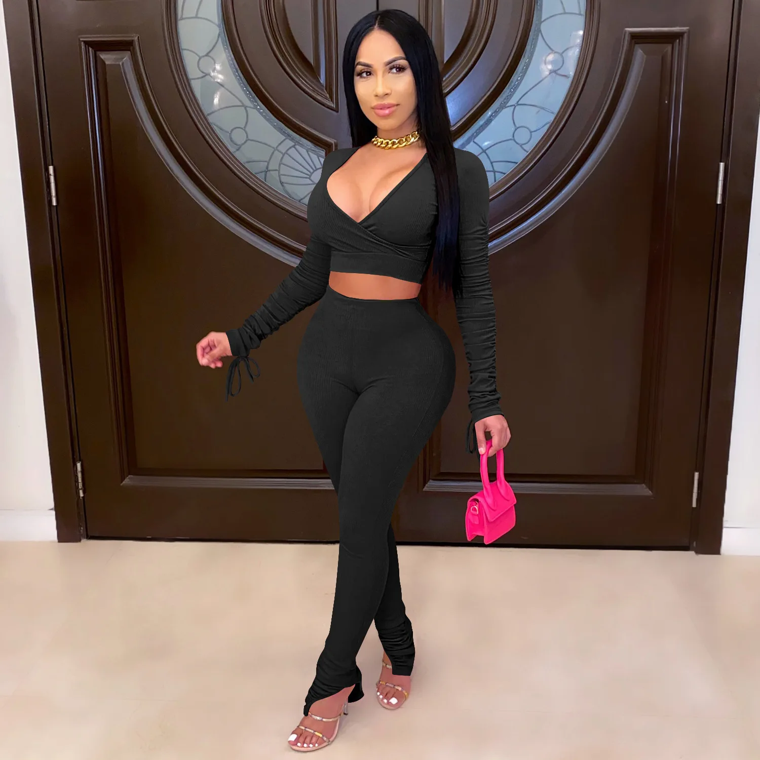 

HAOOHU 2020 women's sets tracksuits sportwear fashion trneds solid long sleeve v-neck short tops tight pants 2-pc knitted suits