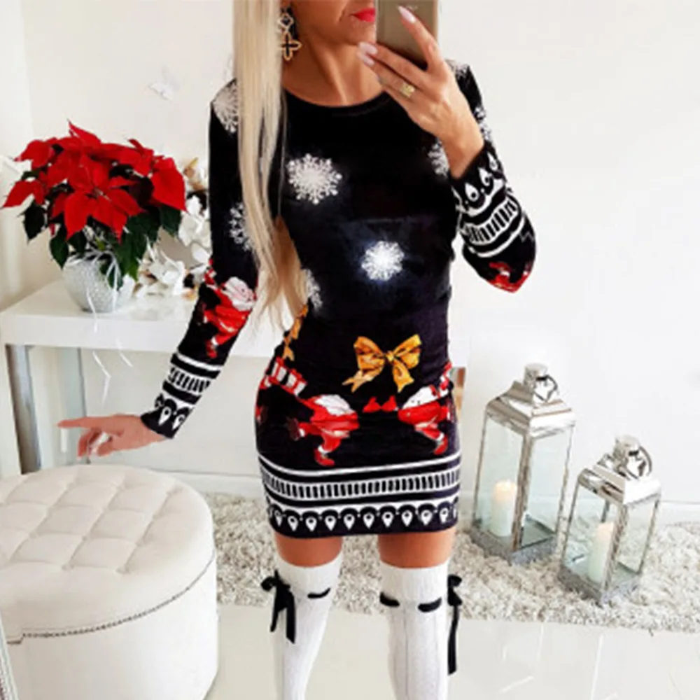 

Autumn Winter Women Sweatshirts Fashion Long Sleeve Pullover Christmas Printing Dress Slim fit Package Hip Female Sweater