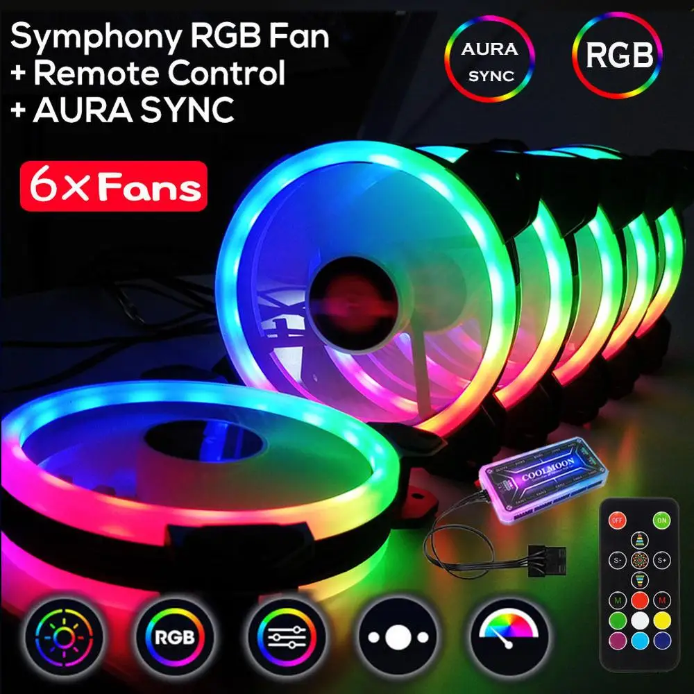 120 мм RGB Вентилятор Cooler 5pin двойной аура 1/3/6 шт. ПК Вентиляторы пульт дистанционного управления компьютером Процессор Вентилятор охлаждения Регулируемая цветная(RGB) и Скорость вентилятора