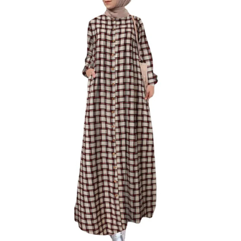 

Платье Макси женское, в клетку, с длинным рукавом, размера плюс