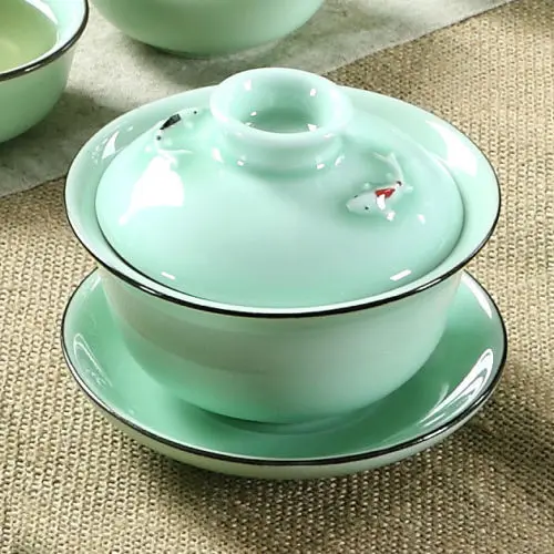Чайный набор [GRANDNESS] Longquan Celadon Gaiwan Gongfu чайных 3d рыбок кружка 140 мл|Заварники| |