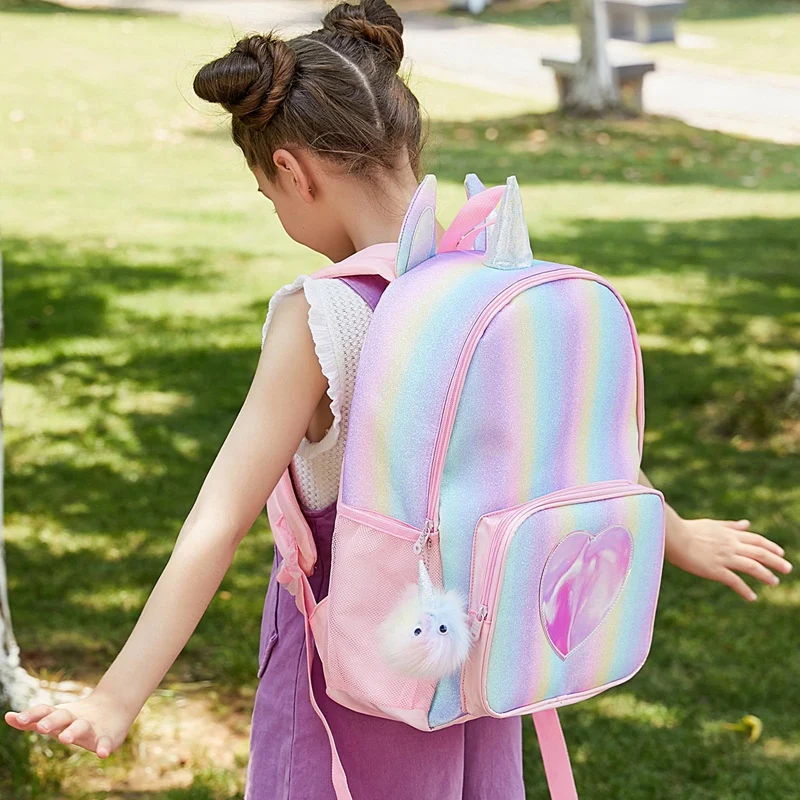 

Радужный рюкзак, школьный ранец с лазерным сердцем, детский школьный ранец, красочный школьный рюкзак для девочек, рюкзак для книг с единоро...