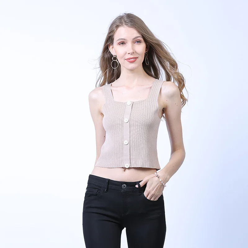 

2021 Summer Short Tank Tops Sexy Crop Vest Solid Harajuku Korean Female Spaghetti Knitted Women Button Crop Tops
