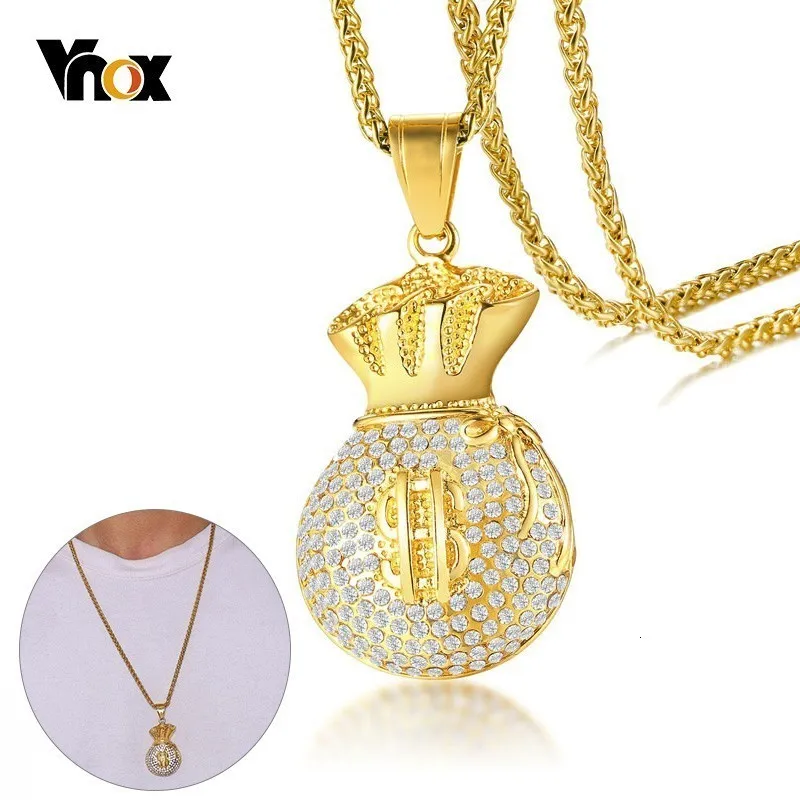 Vnox Lucky Bag Кошелек кулон для мужчин золотой тон из нержавеющей стали прозрачные