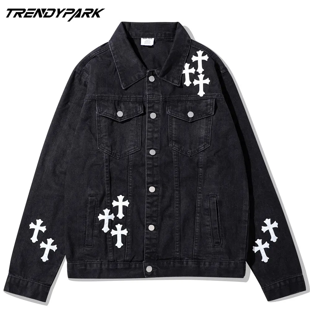 

Men Denim Jacket Vintage Black Cross Embroidery Cotton Fabric Harajuku Hip Hop Streetwear Casual Oversized Varsity Fashion Coat