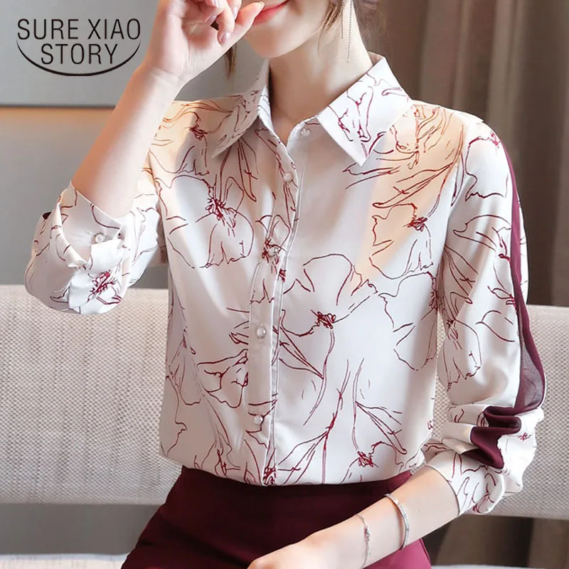 

Women Shirt New Classic Chiffon Blouse Female Elegant Print Loose Long Sleeve Shirts Lady Simple Style Tops Clothes Blusas 10881