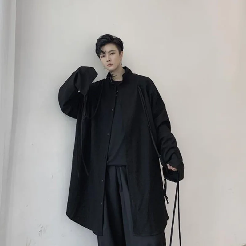 Мужская свободная рубашка с длинным рукавом и кулиской черная воротником