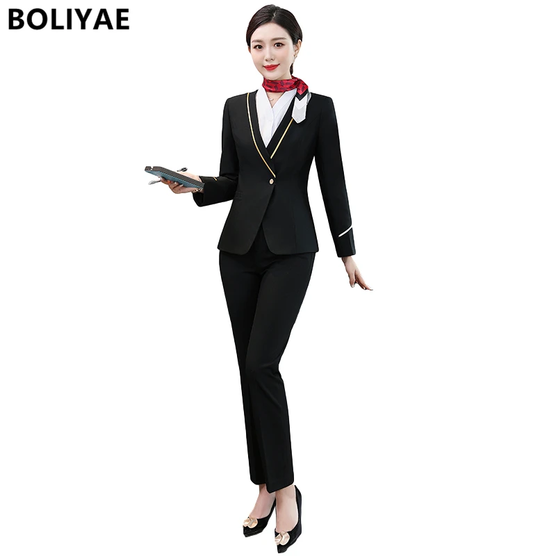 Boliyae New Spring and Autumn Professional Pants Suit Women's Long Sleeve Blazers Work Clothes Set Woman 2 Piece Set Formal
