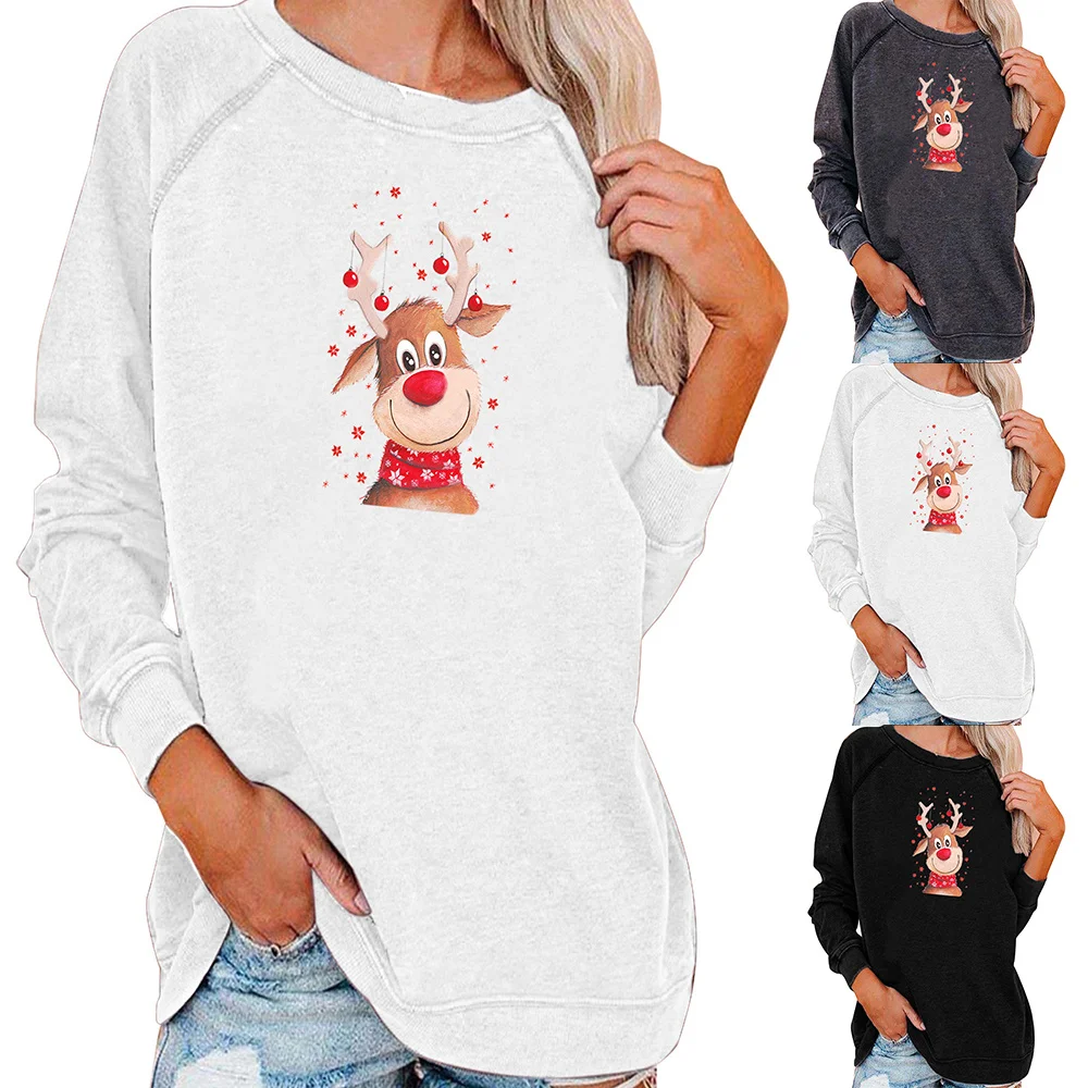 

Womens Loose Christmas T-shirt Ladies Thin Elk Printed Pullover Long Sleeve Sweatshirt Xmas Crew Neck Tops