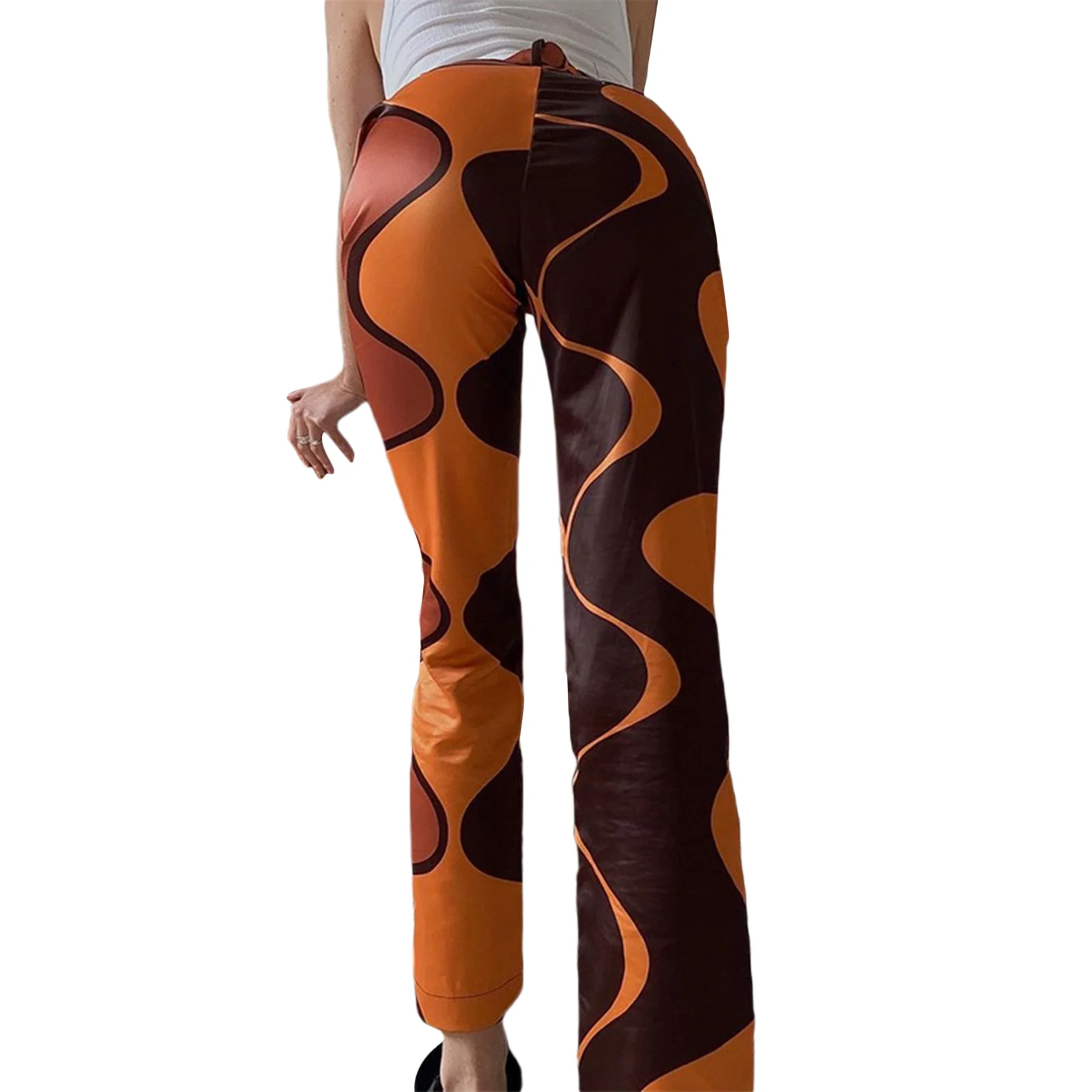 

2021 New Women Color Block Trousers, Adults High Waisted Ripple Print Side Pocket Pants with Belt Loop