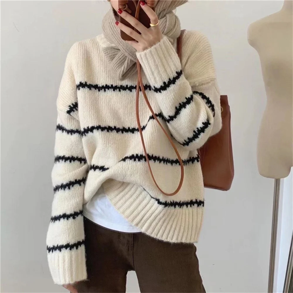 

Fishbone Striped Thicken Sweater Knitted Warm Bottom Tops Autumn 2021 OL Femme Chic Pullovers Outwear Loose Casual